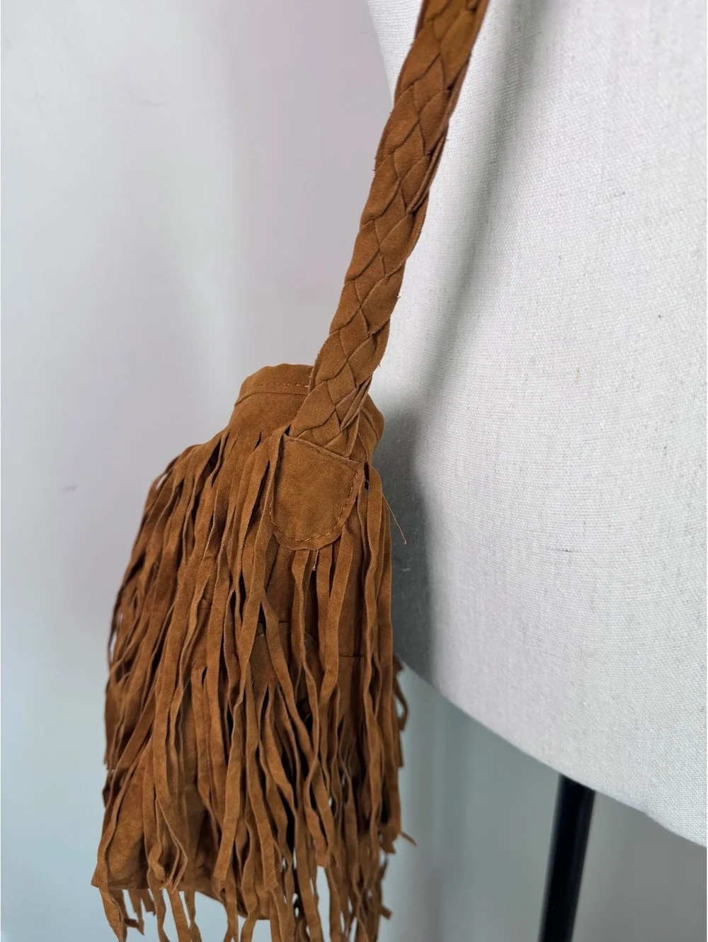 Brown Faux Suede Fringe Crossbody Bag Braided Strap Boho Western Festival